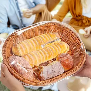Classic Woven Bread Basket with Clear Acrylic Lid, Durable Washable Food Tray Containers for Kitchen Picnic Home Display, Ideal Storage Organizer