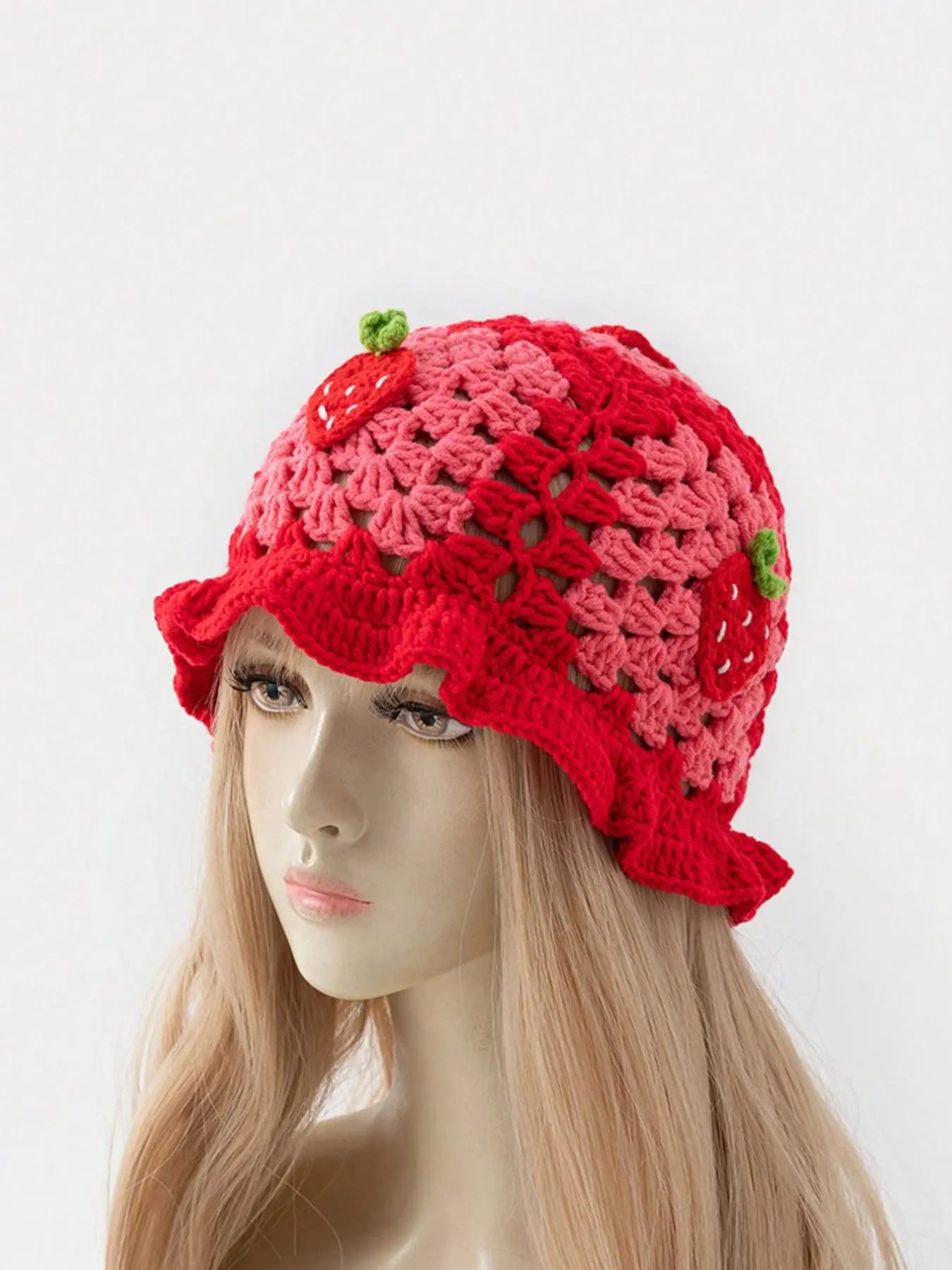 Women's Bohemian Handmade Crochet Strawberry Fisherman Hat, Hollow Out Ruffle Knit Cap, Breathable Foldable Hip-Hop Casual Hat, Knit Fashion Beanie Hats