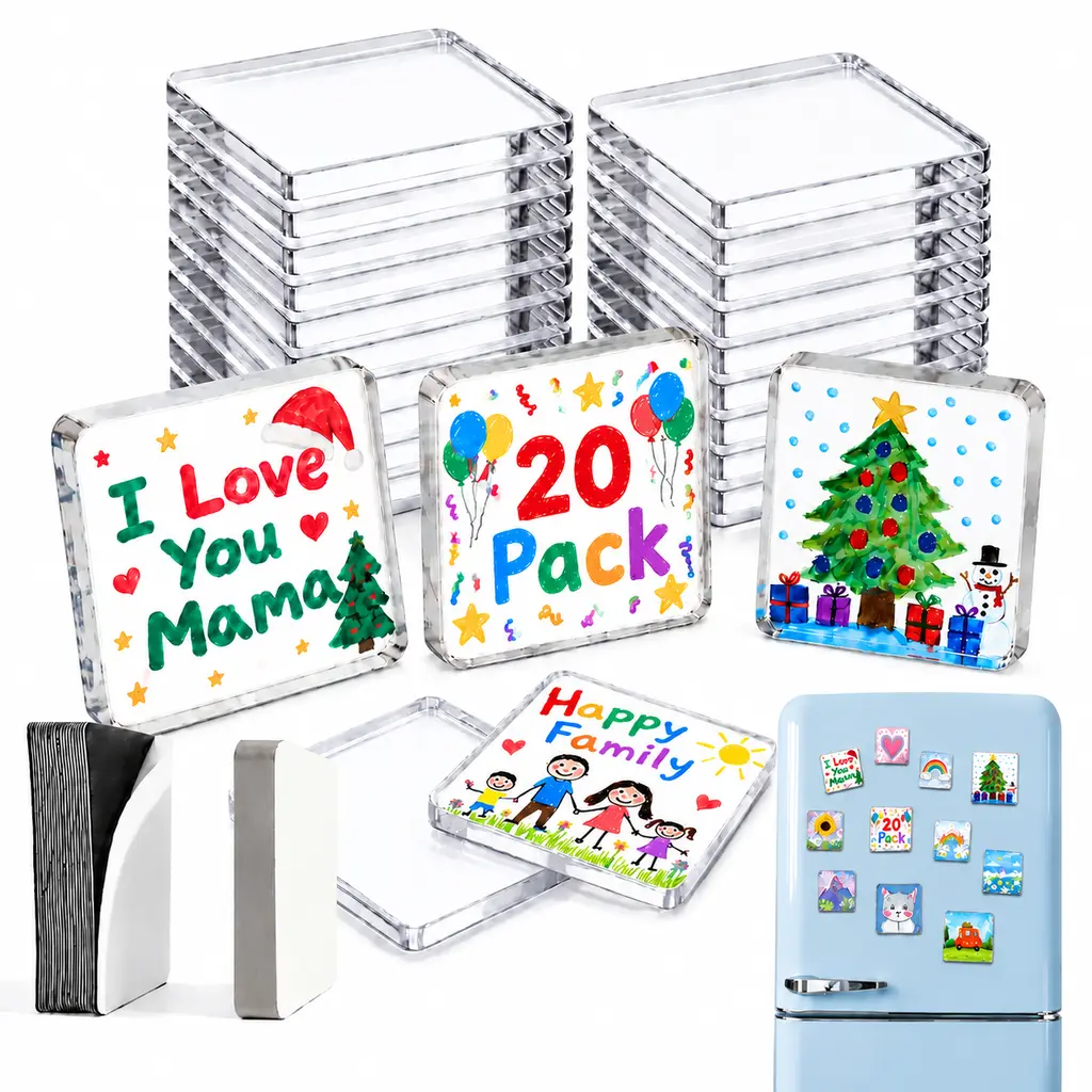 20 Pack Magnetic Photo Frames, 2"x2" Clear Acrylic DIY Fridge Magnets with Adhesive Backing, Christmas Stocking Stuffers, Holiday Keepsake Craft Kit for Family Memories, Thanksgiving, Halloween, Christmas & New Year Decor