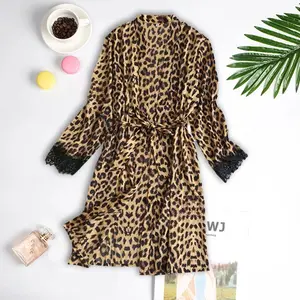 Leopard Print Satin Silk Robe For Women Satin Silk Pajamas For Women - Nightdress Lingerie Robes Sleepwear