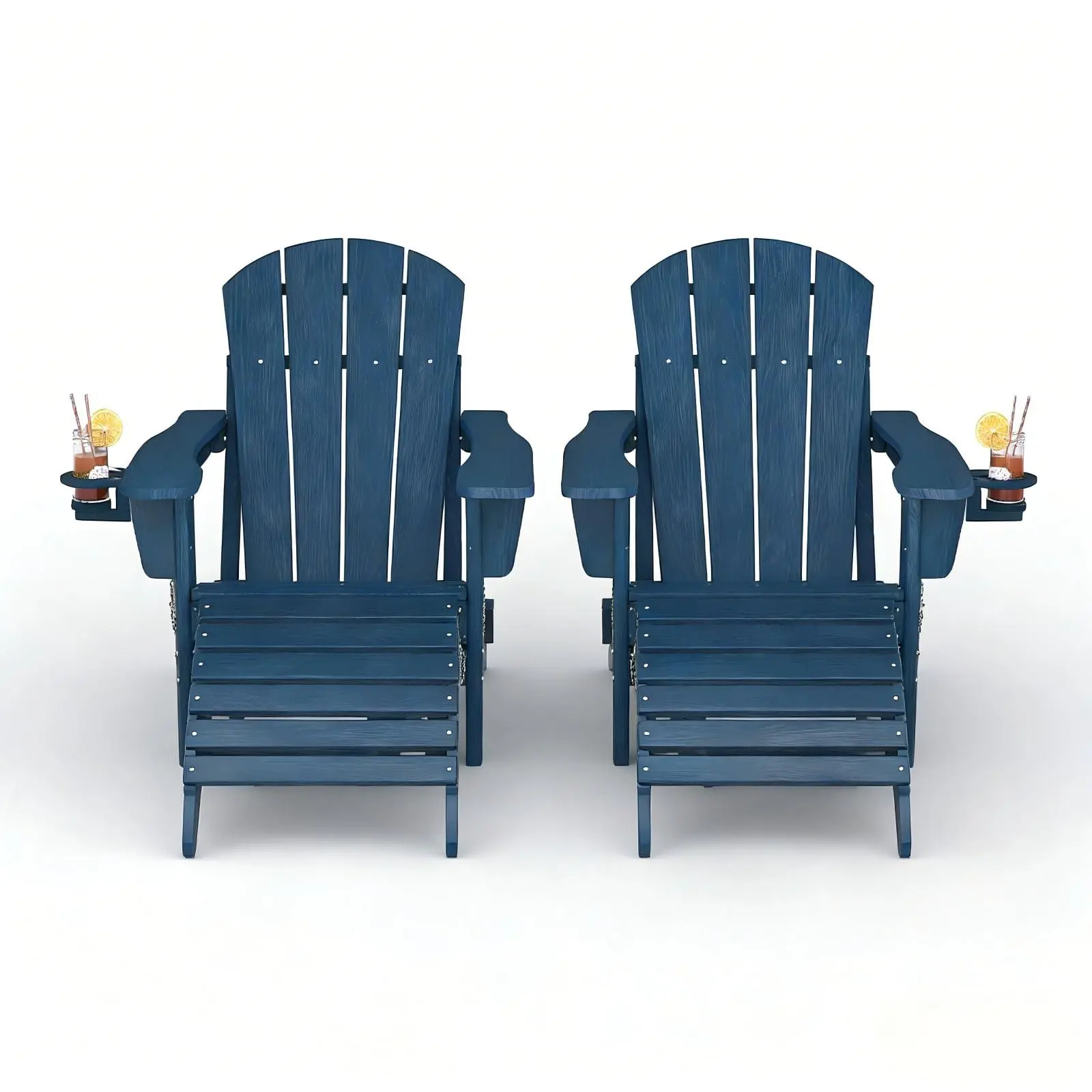 Folding Adirondack Chair Set of 4 with Ottoman, All-Weather HDPE Outdoor Chair, Wooden Textured with Cup Holder for patios, Decks, Gardens, fire pits, Navy Blue