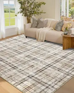 Garvee 3x5 Entryway Rug with Non Slip Rubber Backing, Washable Soft Low Pile Farmhouse Plaid Accent Rug for Bedroom, Entrance, Living Room, Office, and Home Decor