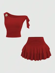Women's Summer Bronze Metal Floral Halter Top & Ruffled Layered Mini Skirt Set, Elegant Boho Chic Style, Perfect for Casual Outfit