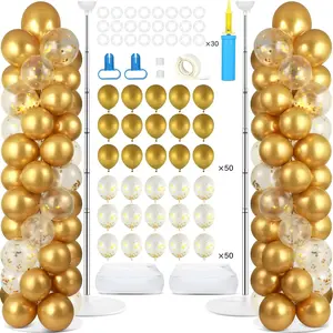 2 Sets Metallic Gold Balloon Column Stand Kit with 100 Balloons Adjustable Balloon Tower Stand with Bases for Floor Gold Confetti Balloons