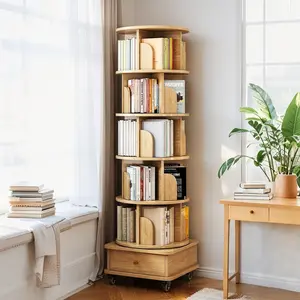 6 Tier Rotating Bookshelf, 360° Display Round Spinning Bookshelf with Wheels and Drawer, Space-Saving, Small Space Rotating Bookshelf Tower for Bedroom, Living Room, Home, Office, Wood Color