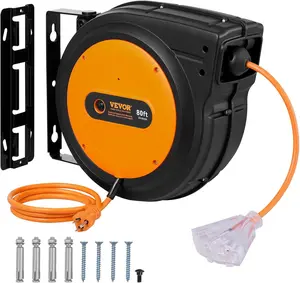 VEVOR Retractable Extension Cord Reel, 80 FT, Heavy Duty 12AWG/3C SJTOW Retractable Power Cord with Lighted Triple Tap Outlet, 15 Amp Circuit Breaker 180 °   Swivel Bracket for Ceiling or Wall Mount
