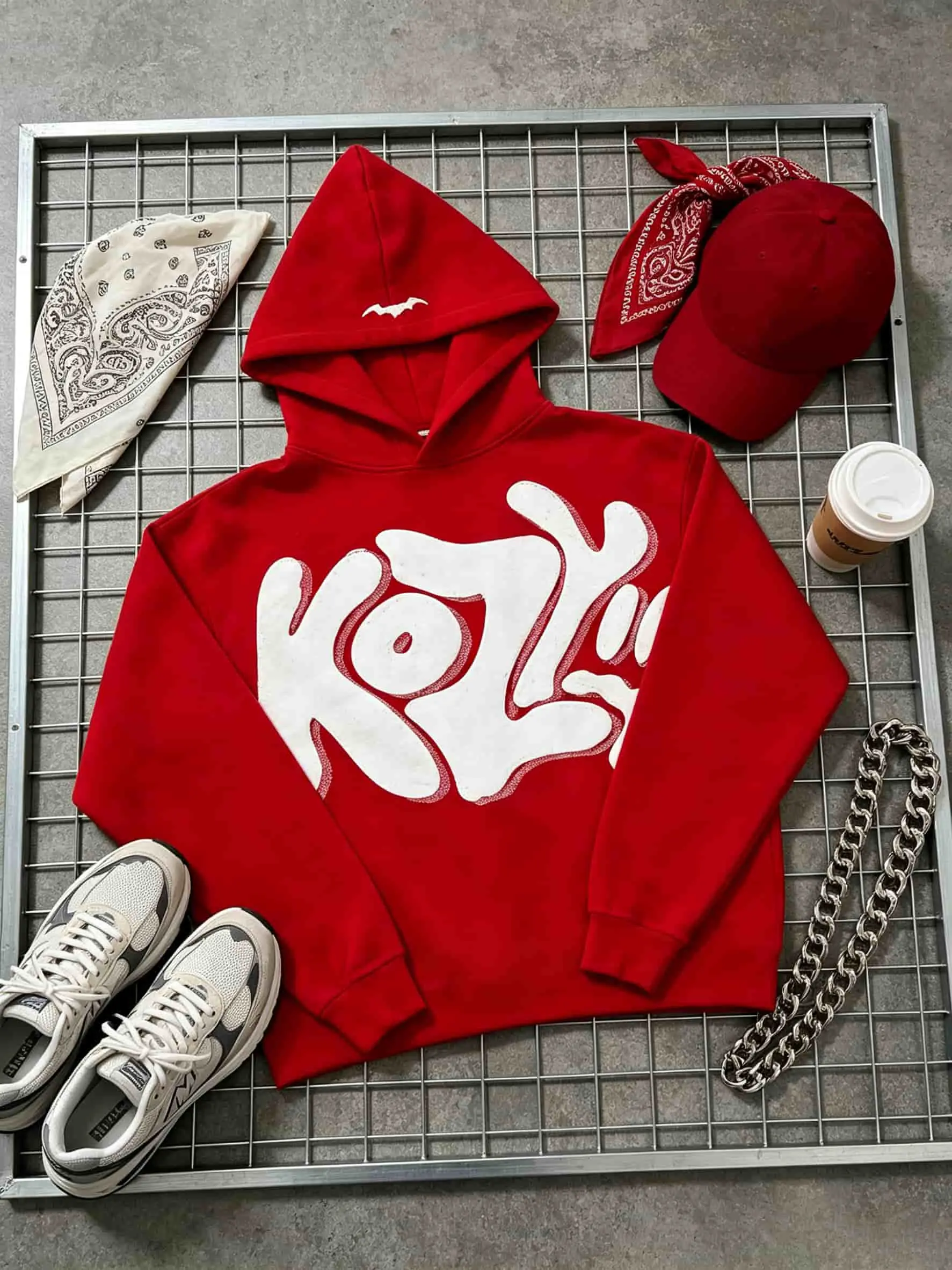 Menswear Bold KOZY Hoodie - Graffiti Bubble Letter Print Pullover, Loose Fit, Casual Streetwear, Street Punk Y2K Style, Ideal for Holiday & Everyday Outfits Sweatshirts Tops
