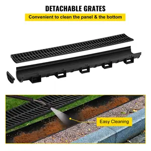 VEVOR Trench Drain System, Channel Drain with Plastic Grate, 5.8x3.1-Inch HDPE Drainage Trench, Black Plastic Garage Floor Drain, 6x39 Trench Drain Grate, with 6 End Caps, for Garden, Driveway-6 Pack