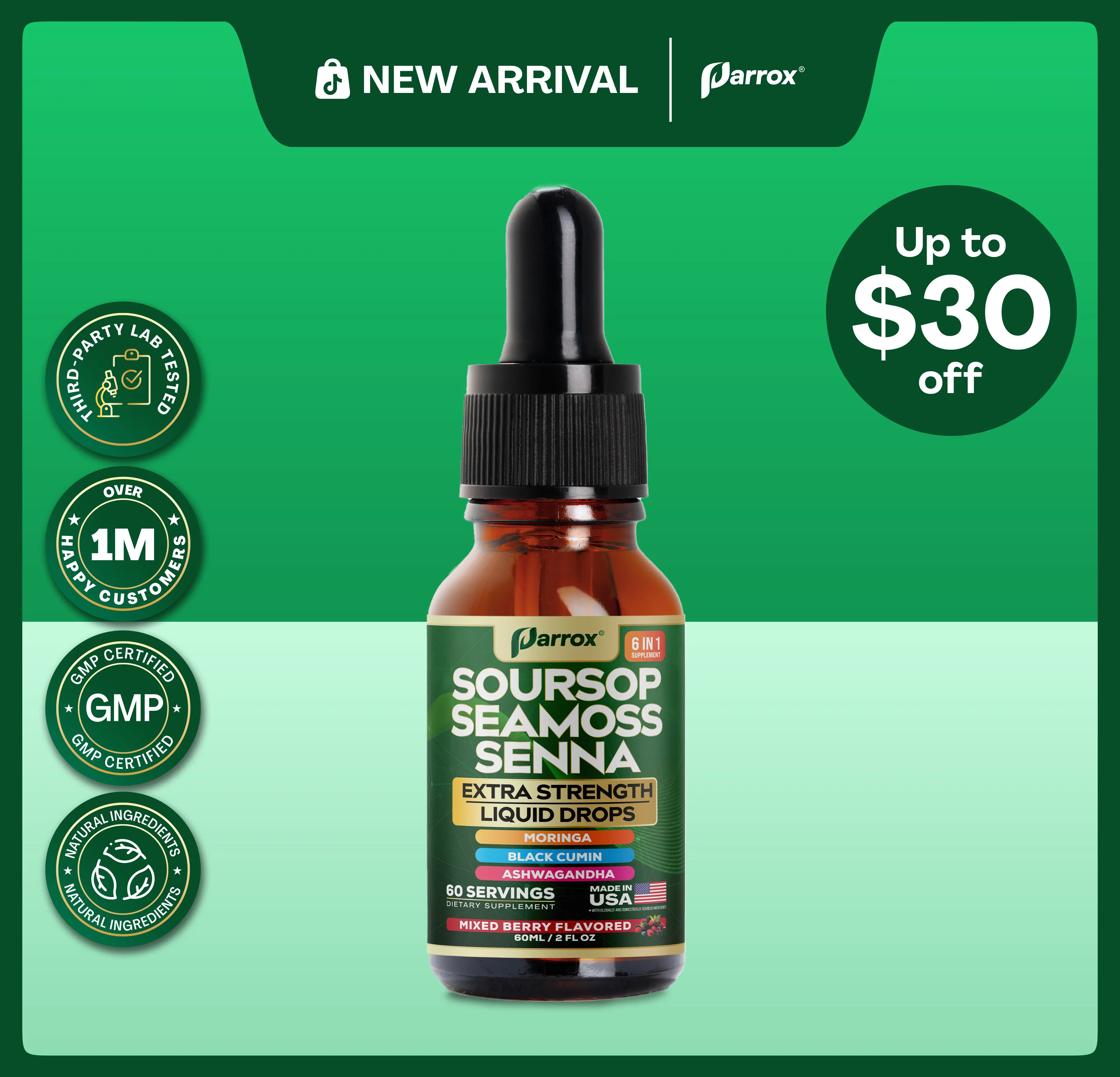 PARROX Soursop Bitters (Mixed Berry & Honey Lemon) - 6 in 1 Dietary Supplement Liquid Drops for Detox & Overall Wellness - Made in USA – (60 Servings / 60mL)