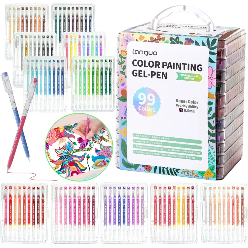 45/72/99/162/252 Color Gel Pens with Storage Box, 0.6mm Fine Tip, Non-Toxic Water-Based Ink, Ideal for Adult Coloring Books and DIY Crafts, Diy Painting Supplies, Art Materials