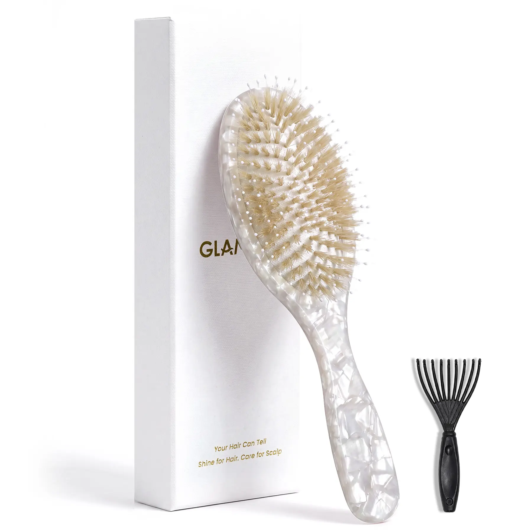 GLAMUP Female Natural White Boar Bristle Paddle Hairbrush, Premium Cellulose Acetate Paddle-Shape Brush for Shiny, Damage-Free Hair Care