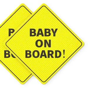 SIGNS Baby On Board Sticker Sign - Essential for Cars - 2 Pack, 5" by 5" - Bright Yellow and SEE-THROUGH when Reversing - Best Safety Signs - Non-Magnetic Sticker - Durable and Strong Adhesive