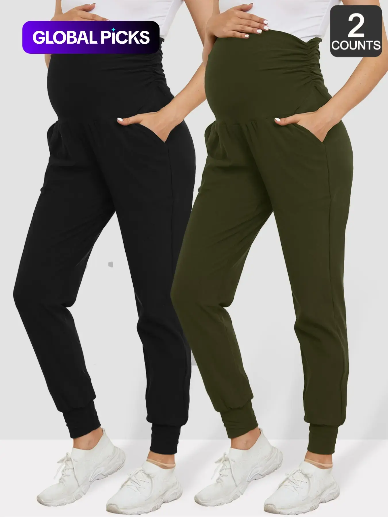 Two-Piece High-Waist Stretchy Comfortable Pregnancy Maternity Clothing Casual Pants, Side Ruched Belly Support with Pockets, Fall & Winter Workout, Maternity Wear, Pregnancy Clothes