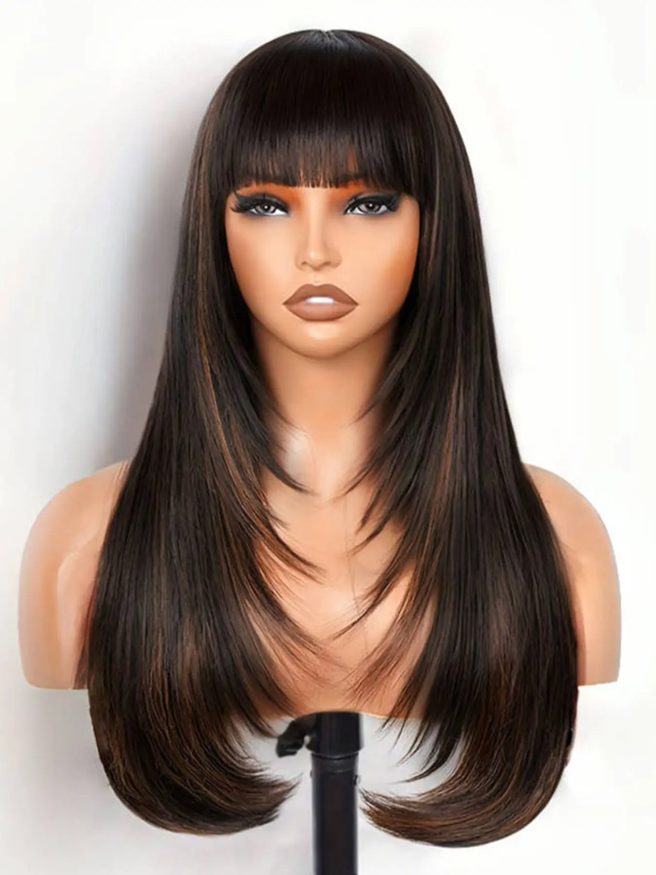 26 Inch brown Black Long Straight Wigs for Women, Gorgeous Fluffy Wigs with Bangs, Synthetic Full Machine Wigs for Party, Daily Use, Heat Resistant Wig, Synthetic Hair Wigs