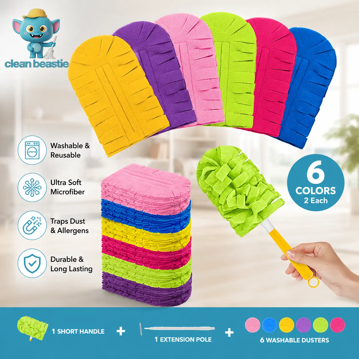 12PCS Washable Duster Refills with Handle Compatible with Swiffer Dusters, Reusable Electrostatic Duster Cloth, 360° Large Microfiber Dusting Heads, Machine Washable for Furniture, Ceiling Fans, Blinds & Car