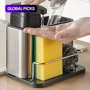 Kitchen Sink Soap Dispenser, 1 Count 3 in 1 Stainless Steel Sink Soap Dispenser with Sponge Holder, Kitchen Sink Storage Rack, Home Organizer for Kitchen #GLOBAL PICKS