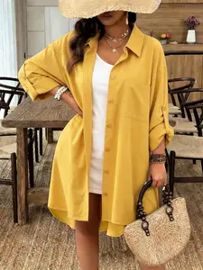 Fashion Plus Size Solid Color versized Button-Down Blouse, Spring Long-Sleeve Loose Casual Women Shirts Y2K Clothes Layering Outfits Trendy Street Style