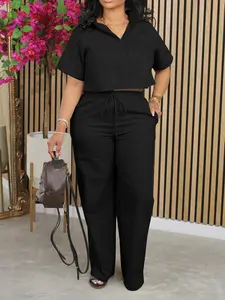 Two-piece Set Women's Solid Woven Button Front Fitted Crop Shirt & Elastic Waist Pants Set, Chic Basic Casual Style Outfit Drop Shoulder Short Sleeve Top & Pocket Drawstring Trousers Set for Summer, Ladies Clothes for Daily Wear