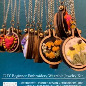 DIY Embroidery Wearable Jewelry Kit with Cotton Fabric, Embroidery Hoop, Needle, DMC Floss, Mini Hoop Pendant & Copper Necklace