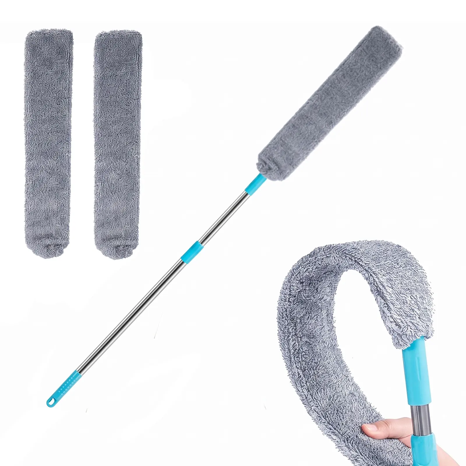 Microfiber Retractable Gap Duster with Adjustable Stainless Steel Extension Pole (42"-51"), Collapsible Bendable Head Durable Home Care Duster for Under Appliances, High Ceilings, Garages, Laundry Rooms