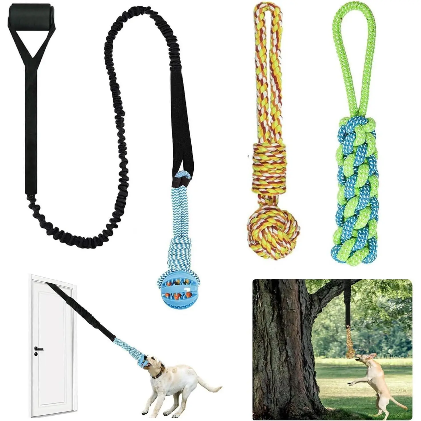 Dog Bungee Toy,Interactive Pull Toy for Self Play,Indoor Flirt Pole Hang Frame, Tether tug Outdoor Dog Toy for Yard Tree, with 3 Pieces Play Chew Rope Gift for Puppy Small Medium Dogs