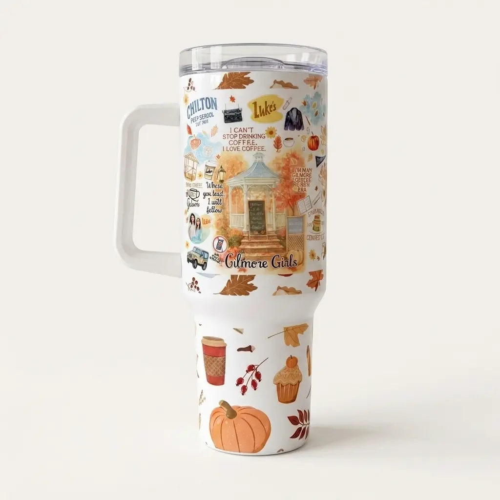 Gilmore Girls 40oz Tumbler, Double Wall Stainless Steel Tumbler with Handle & Straw, Stars Hollow Inspired Travel Mug, Coffee Lover Cup, Vacuum Insulated Tumbler, Gift for TV Fans