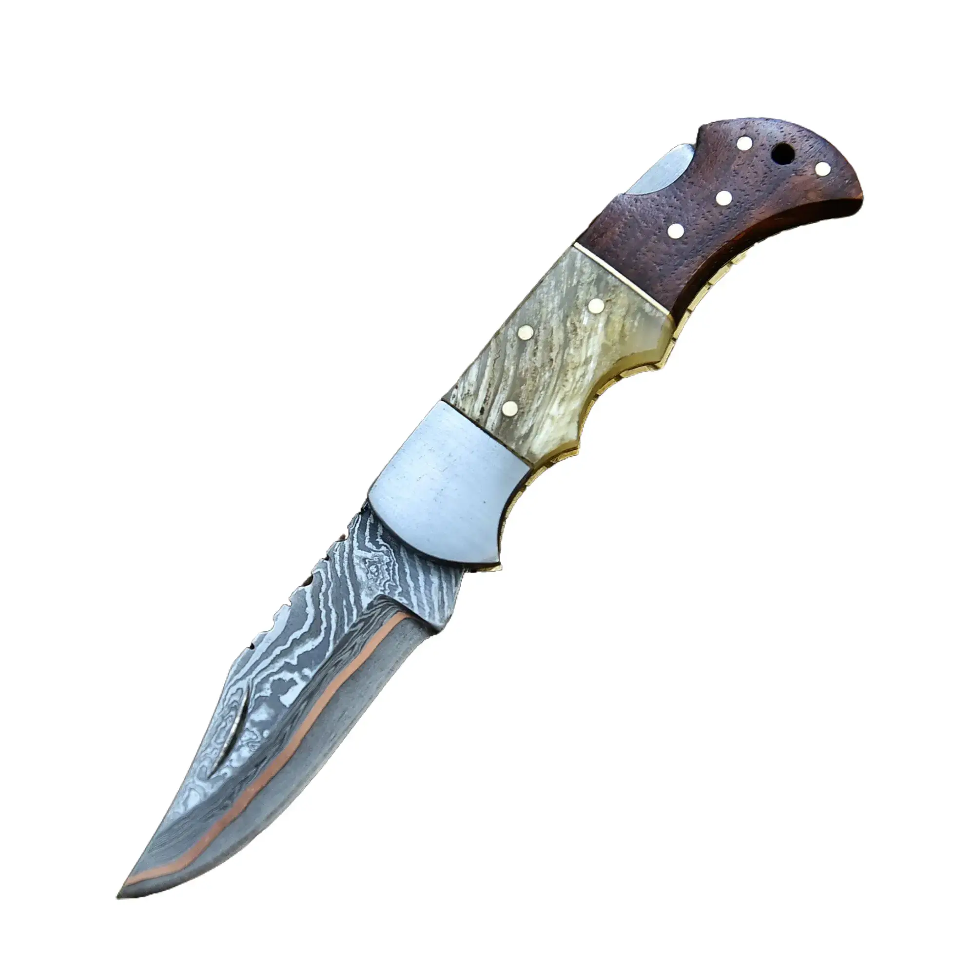 Hand Forged Copper Damascus Steel Folding Pocket Knife, Rare Limited Edition Blade for Camping & Hiking