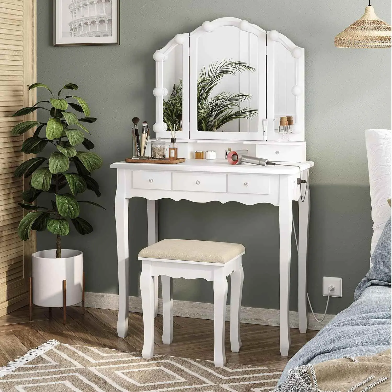 SIKAIC Lighted Vanity Table with Tri-Fold LED Mirror – Makeup Desk with Built-In Charging Station (2 USB Ports Power Strip), Cushioned Stool, 3 Drawers, White Vanity with Mirror (Ideal Home Gift)