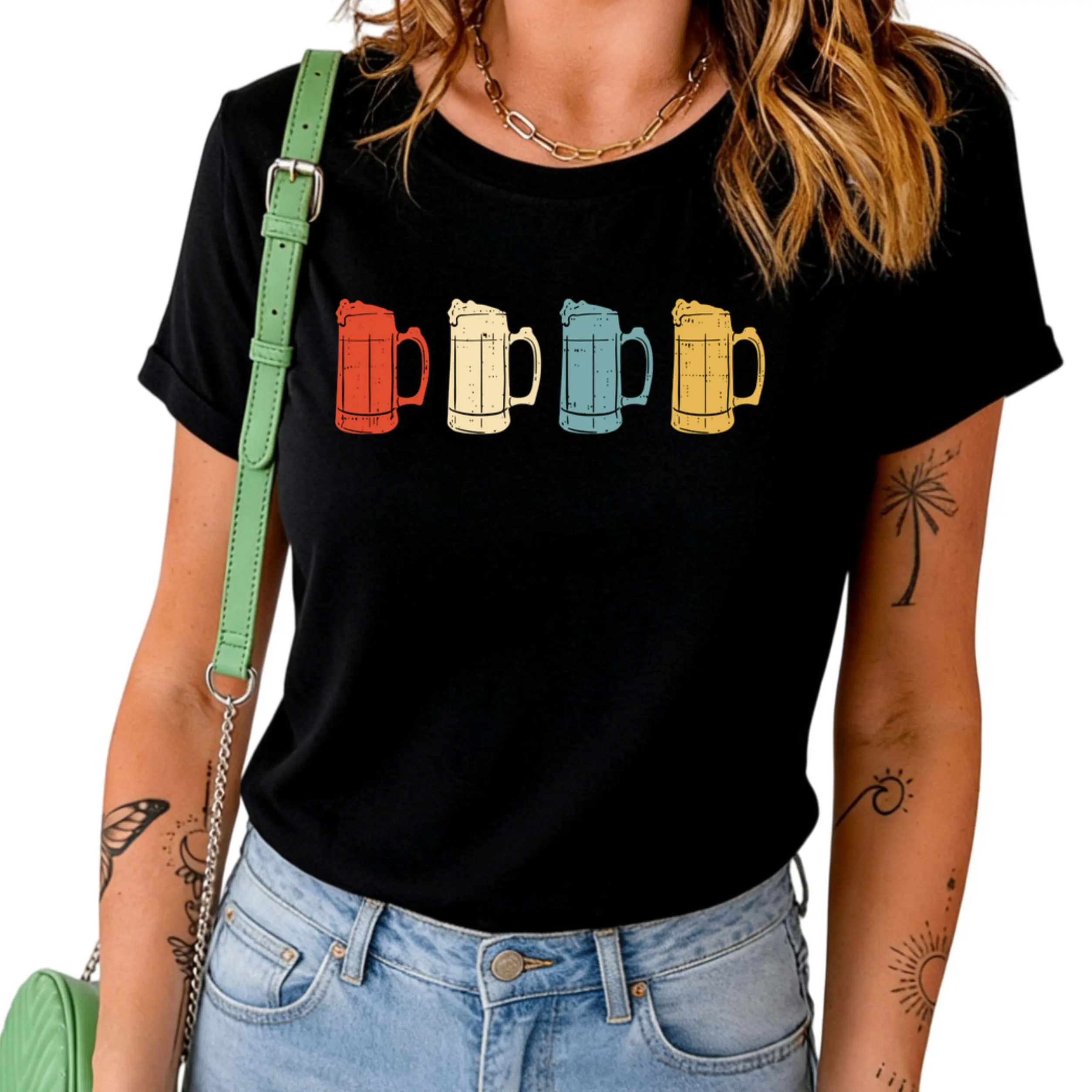 Women's Retro Round Neck Short Sleeve T-Shirt - Vintage Brew, German Oktoberfest Themed, Beer Lover Gift Top, Short Sleeve Tops