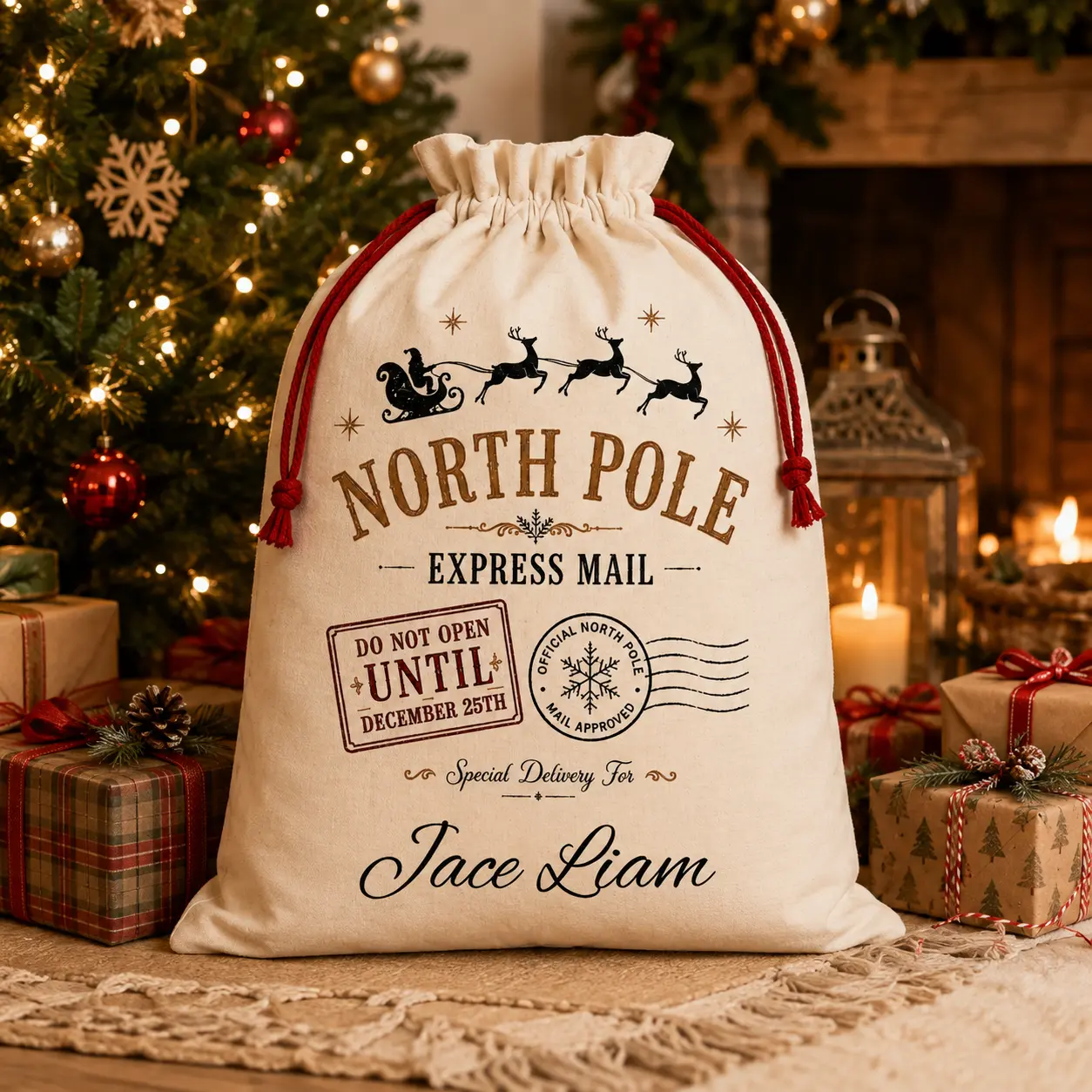 Personalized Santa Sack with Name, Large Christmas Gift Bag for Kids, Custom North Pole Santa Bag, Christmas Gift