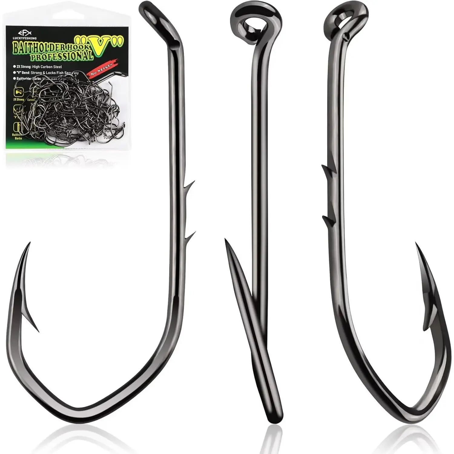 Baitholder Fishing Hooks Saltwater Freshwater 100/80/70/60pcs Professional V Bait Holder Hooks for Bass Trout Crappie Soft Live Baits Black Red with Size 1 2 4 6 8 1/0-6/0
