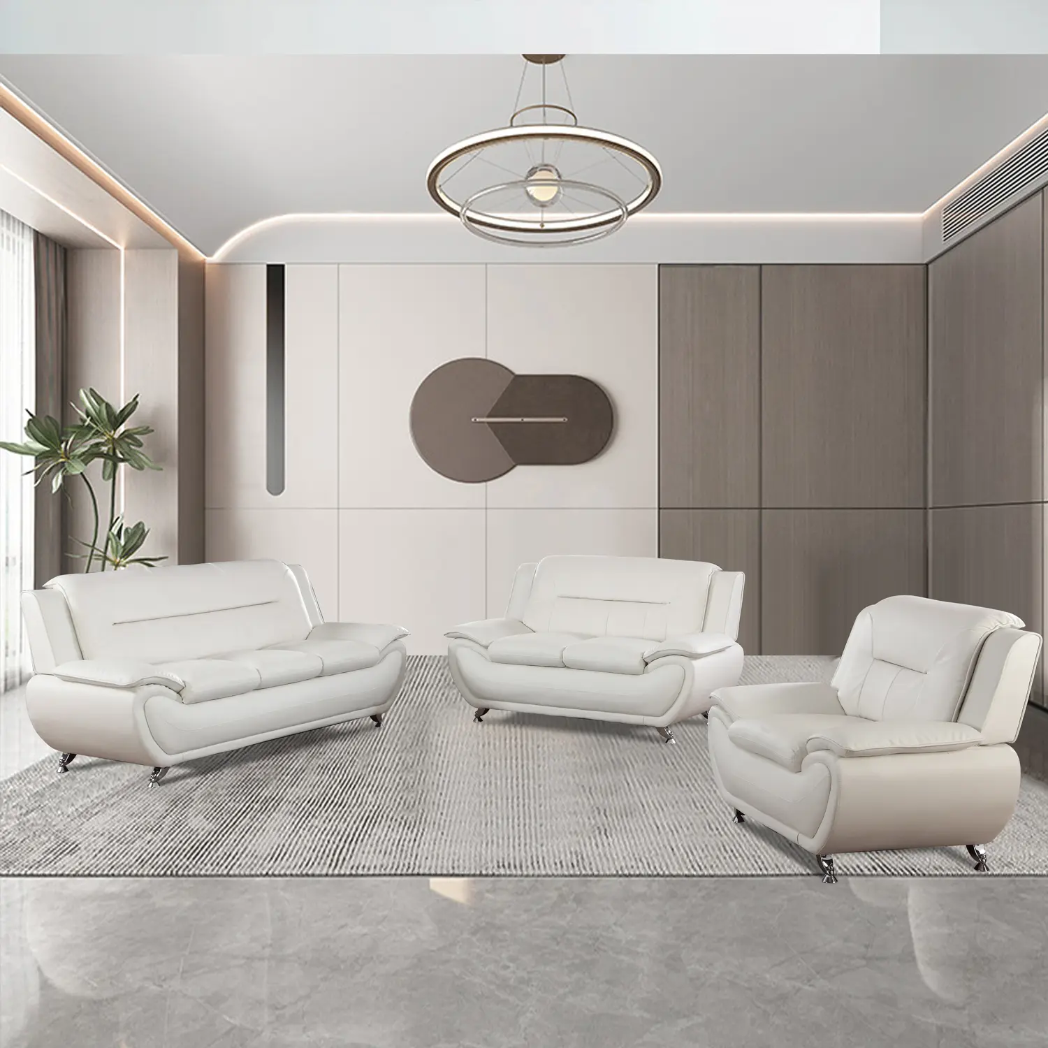 3-Piece White Faux Leather Sofa Set - Durable, Breathable Upholstery, Sturdy Indoor Modern Lounge Furniture, Modern Sofas Couches for Living Room, Apartment