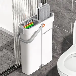 JOYBOS Mop and Bucket with Wringer Set,13'' Large Flat Floor Mop and Bucket System,Washable Microfiber Mops and Squeegee Blade, Stainless Steel handle,Wet and Dry Use,Floor Cleaning System for All Floor Types and Windows with bucket gray Adjustable