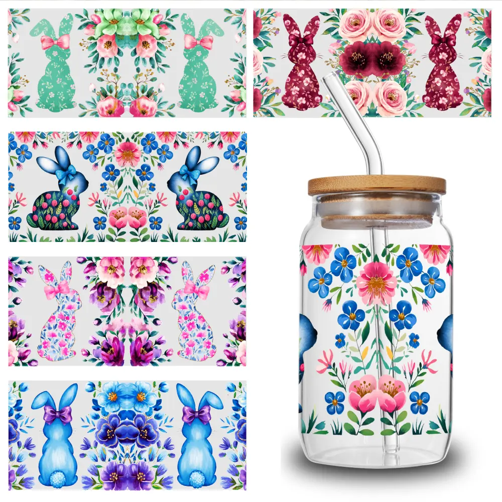 5 Sheets Floral Bunny UV DTF Stickers UV DTF Stickers Cups Decoration Plastic Self-Adhesive Labels for 16 oz Tumbler UV DTF Transfer Stickers for Glass Cups side  eyes  sticker