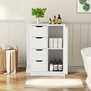 Bathroom Floor Storage Cabinet, Wooden Storage Organizer with 4 Drawers and 2 Cupboards - Freestanding Waterproof Cabinet for Bathroom, Entryway (White)