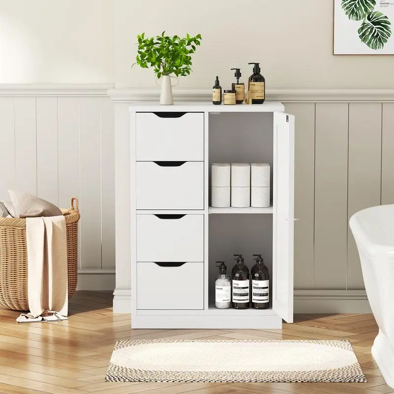 Bathroom Floor Storage Cabinet, Wooden Storage Organizer with 4 Drawers and 2 Cupboards - Freestanding Waterproof Cabinet for Bathroom, Entryway (White), Drawer Organization, Dual Storage Floor Cabinets