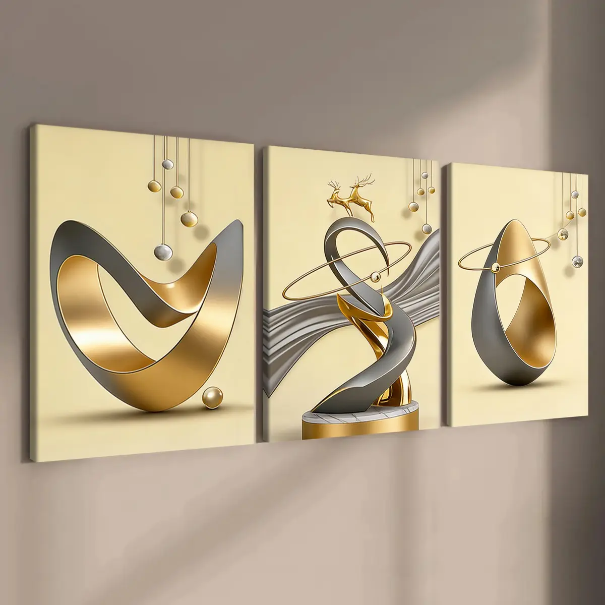3 count wooden frame canvas, Wood Framed fashionable geometric design poster, modern abstract art decoration, exquisite family poster, suitable for living room corridor wall, HD inkjet printing, waterproof art, Modern Home Decor, Aesthetic Wall Decor