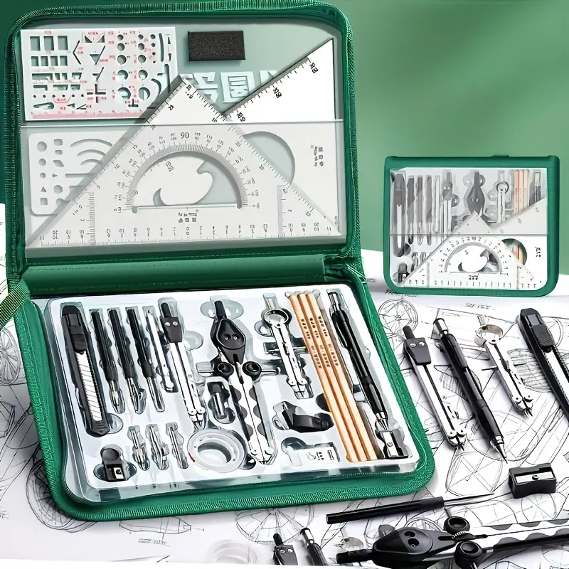 Advanced Drawing Tool Kit - Precision geometric drawing kit for students and engineers - Multi-functional measuring instrument kit for educational and architectural sketching - stainless steel tools Engraved Tape Measure Hard Plastic Box