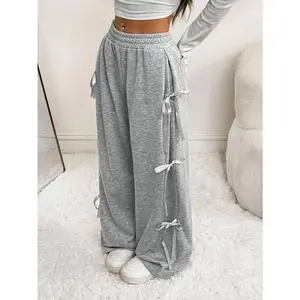 A Cute Pink Bowknot Drawstring Sweatpants, Suitable For Holiday Outfits, Autumn/Winter Bottoms Fabric