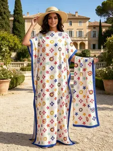 Elegant Geometric Print Robe Set, Long Dress + Headscarf Scarf Hairband, Women's Outdoor Beach Sun Protection Silk Shawl, Casual Loose Fit, Beachwear