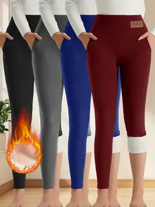 4-Pack Women's High-Waisted Fleece-Lined Tummy Control Leggings,Thickened & Elastic Waistband - Winter Thermal Insulation,With Side Pockets - Convenient For Storage,Machine Washable - Easy Care Solid Color Design,Teen Fashion - Stretchy Comfort Fabric