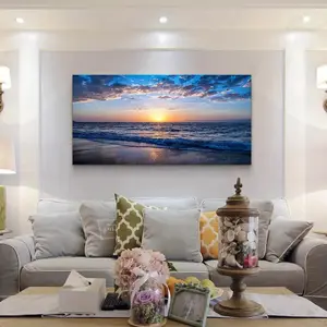 Sunset over the blue ocean art painting, wooden frame wrapped with waterproof canvas printing, suitable for office, living room, dining room, bedroom, home wall decoration.The wooden frame is 0.6 inches thick and easy to hang Artistic Ornaments Photo
