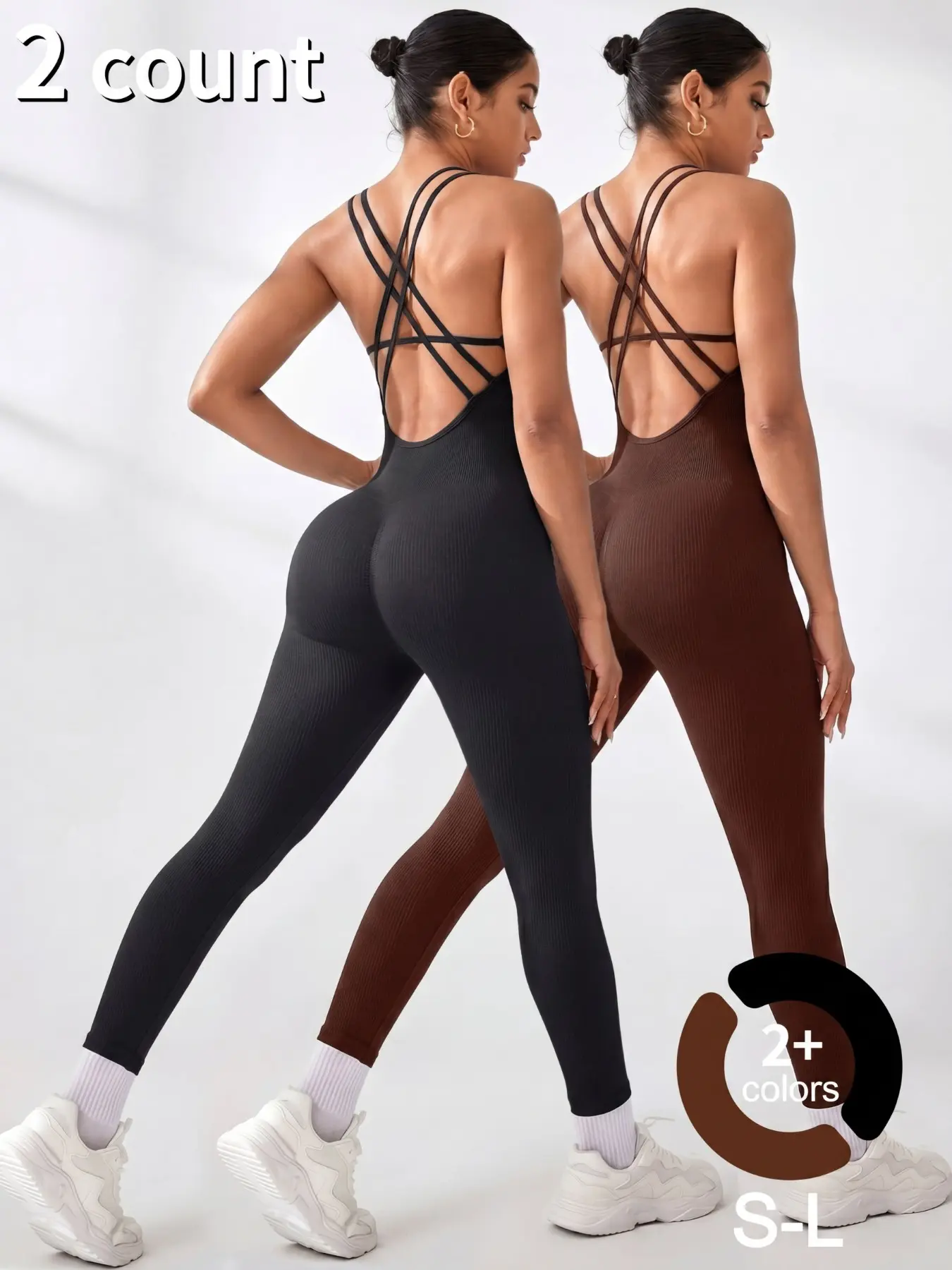 1/2Pcs Woman's Workout Fitness Jumpsuit Tummy Control Crisscross Strappy Back Bodysuit Backless Stretchy Jumpsuit Double Shoulder Strap Design For Gym Yoga And Daily Backless Sports Jumpsuit Sporty Yoga Jumpsuit