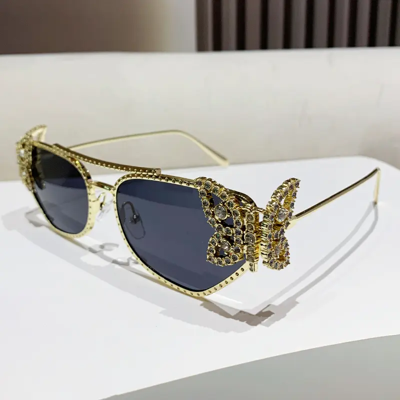 Women's 2025 New Oversized Rhinestone-Studded Gold-Themed Diamond-Inspired Butterfly Metal Frame Sunglasses, Trendy Vintage Eyewear for Parties, Holidays, Frame Women's Sunglasses, Sunglasses For Women