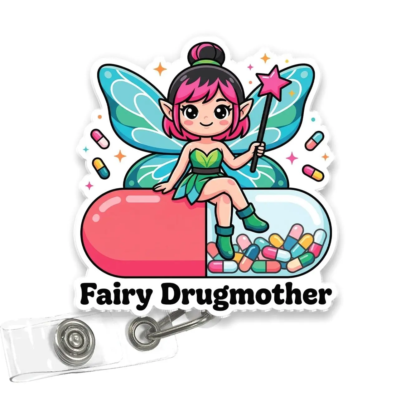Fairy Drugmother Badge Reel, Funny Pharmacy Technician CPhT Acrylic Retractable ID Badge Holder with Clip, Pharmacist Gift for Nurse Doctor Medical Student 6V0