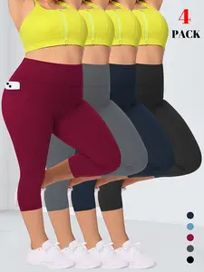 Plus Size，4pcs Women's High-Waisted 7/8 Yoga Pants with Pockets Breathable 4-Way Stretch, Comfortable Fabric Tights Fitness Pants Ideal for Gym Workouts, Running, Yoga,  Machine Washable, contains a single-color product listing with multiple options.