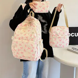 Back-To-School Backpack Set Casual Versatile with Gentle Japanese Style Cute Floral Patterns Lazy Vibe Bow Decoration for Everyday Use Bookbag