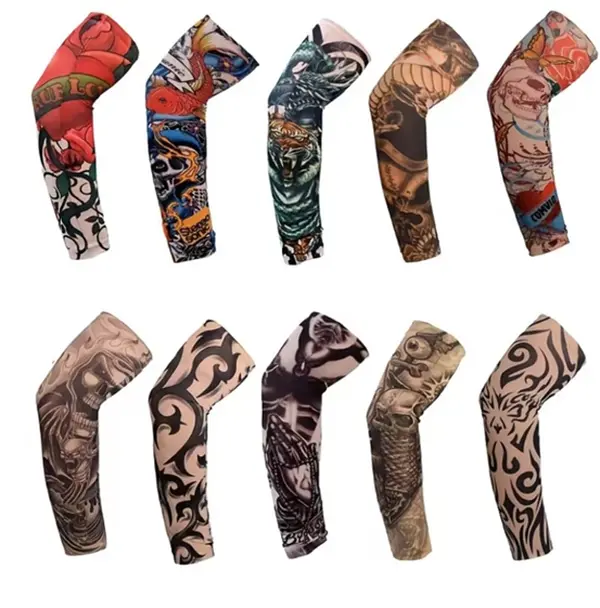 10Pcs Fake Tattoo Arm Sleeves for Men and Women, Breathable Knit Cooling Temporary Tattoo Sleeves, Slip‑On Sun Protection Arm Covers with Tribal Tiger Dragon Skull Patterns for Halloween Party