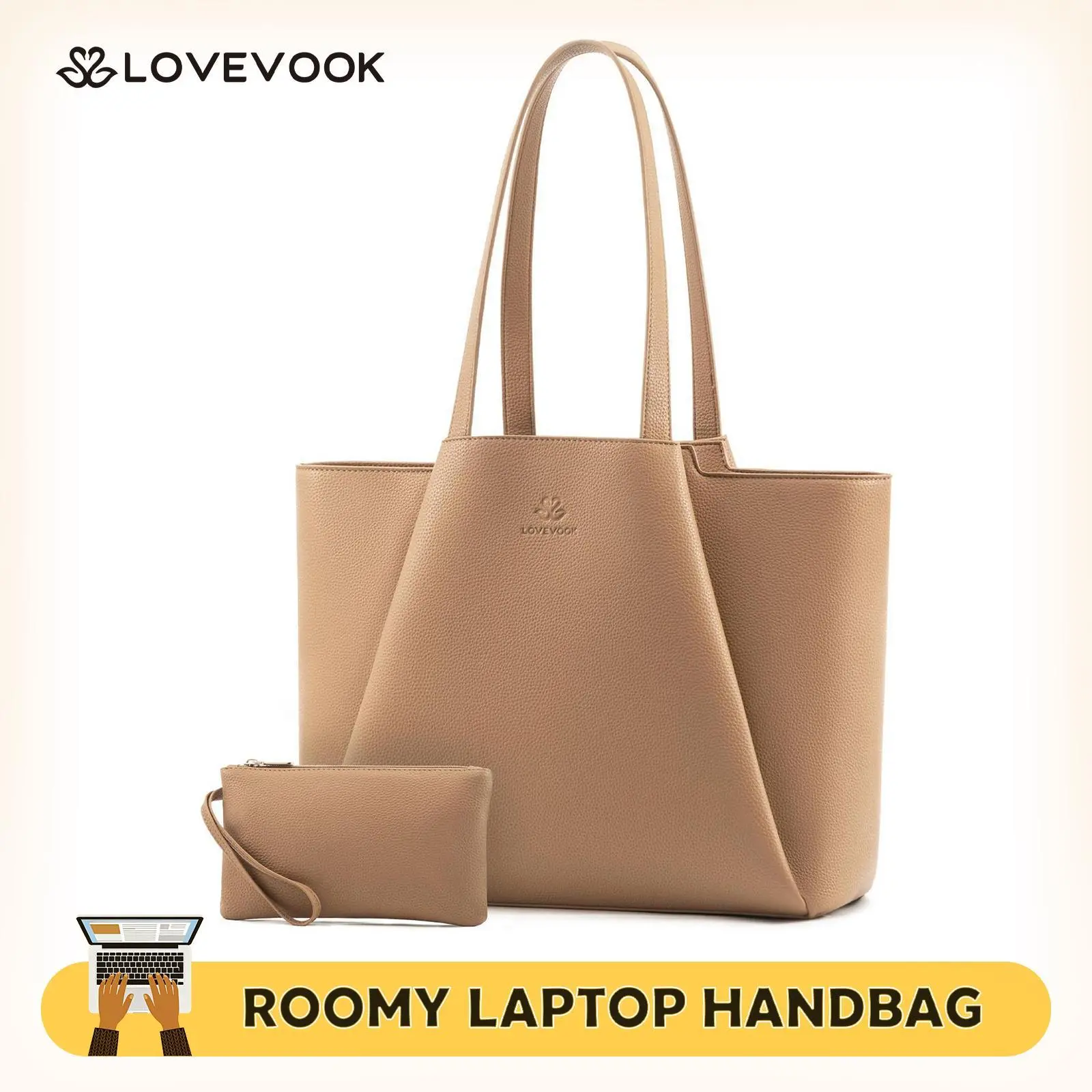 LOVEVOOK Laptop Tote for Women - 15.6 Inch Faux Leather Laptop Bag with Clutch, Large Capacity Office Purse Computer