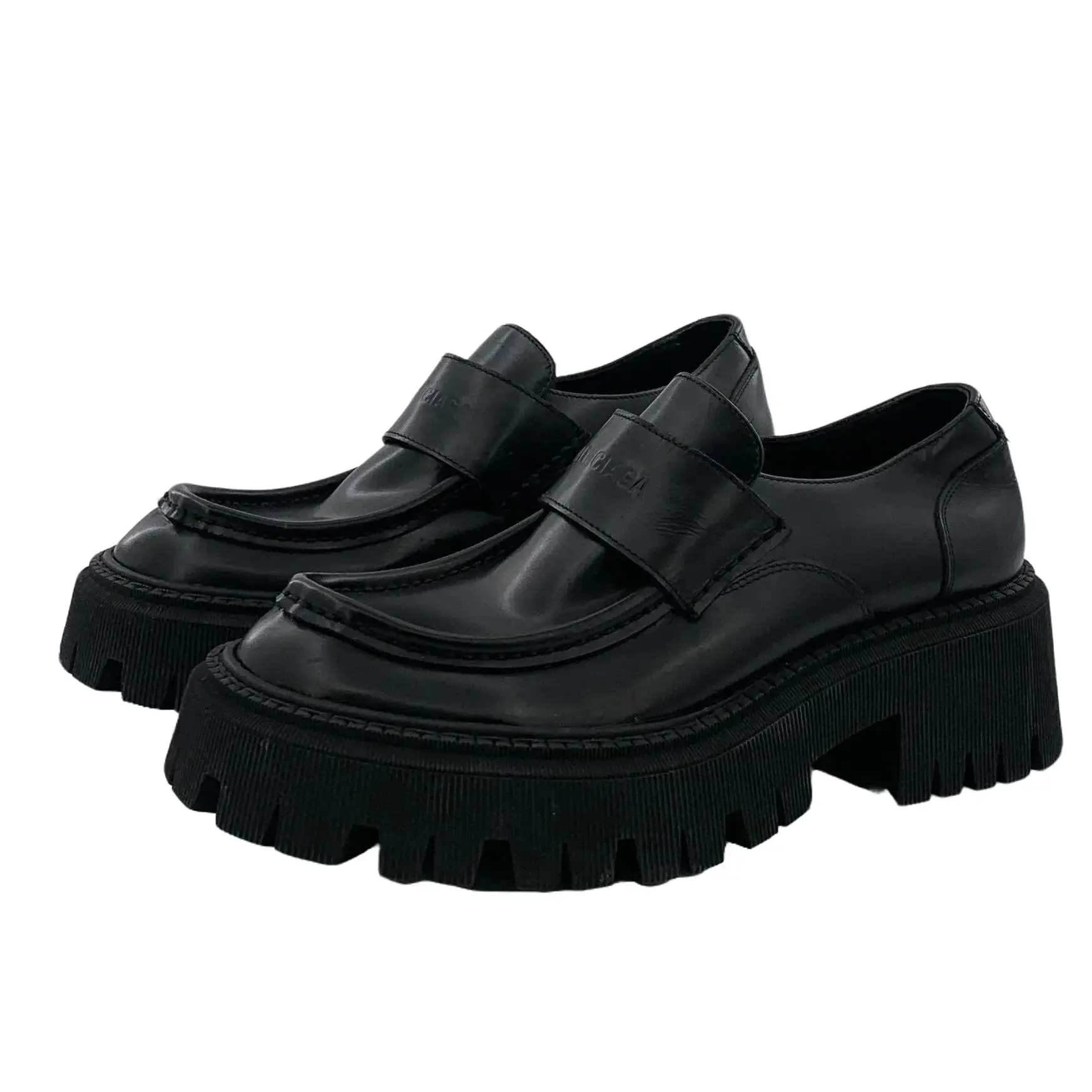 RDLT-Balenciaga Size 38 Black Leather Embossed Logo Flat Loafers-J36399